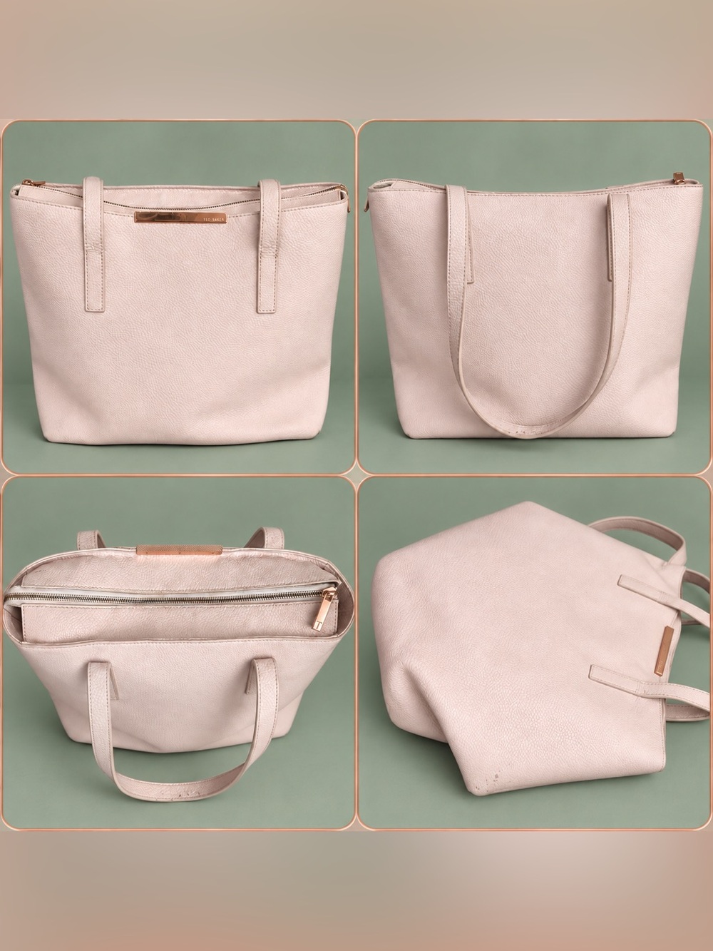 Ted Baker Pale Pink Pebbled Leather Tote with Gold Bar